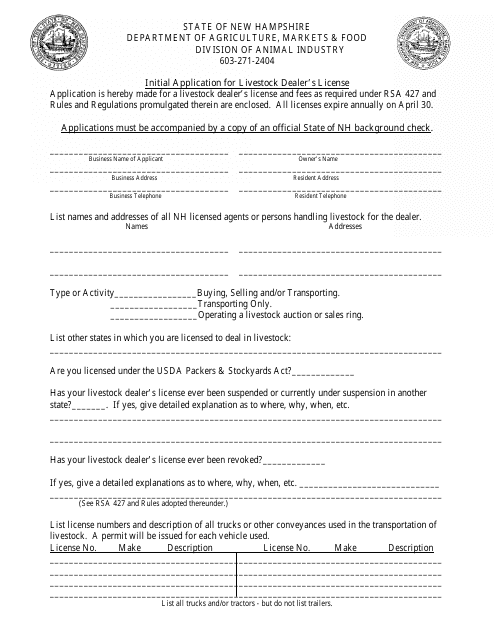 Initial Application for Livestock Dealer's License - New Hampshire Download Pdf