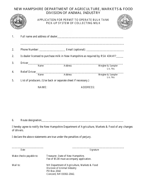 Application for Permit to Operate Bulk Tank Pick-Up System of Collecting Milk - New Hampshire