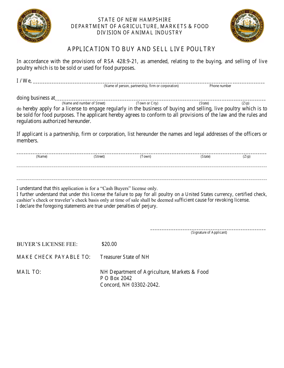 Application to Buy and Sell Live Poultry - New Hampshire, Page 1