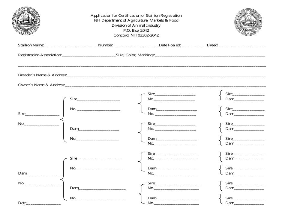 Application for Certification of Stallion Registration - New Hampshire, Page 1