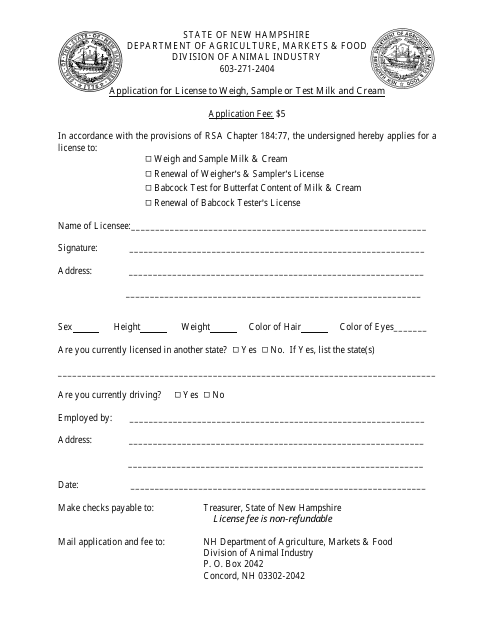 Application for License to Weigh, Sample or Test Milk and Cream - New Hampshire Download Pdf