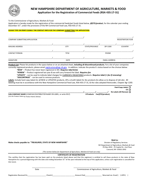 Application for the Registration of Commercial Feeds - New Hampshire Download Pdf