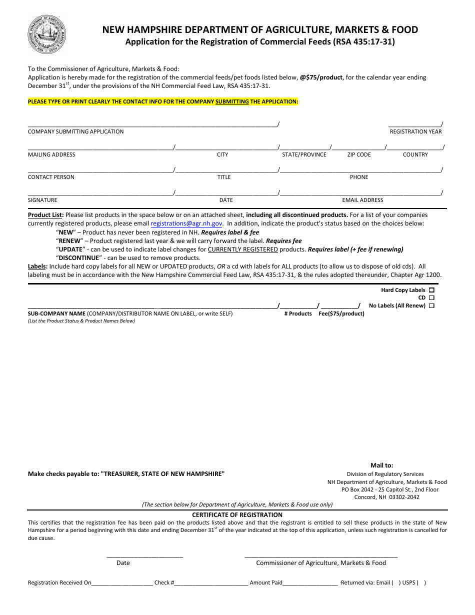Application for the Registration of Commercial Feeds - New Hampshire, Page 1