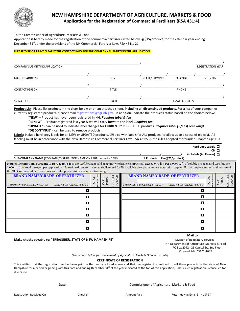Application for the Registration of Commercial Fertilizers - New Hampshire, Page 1