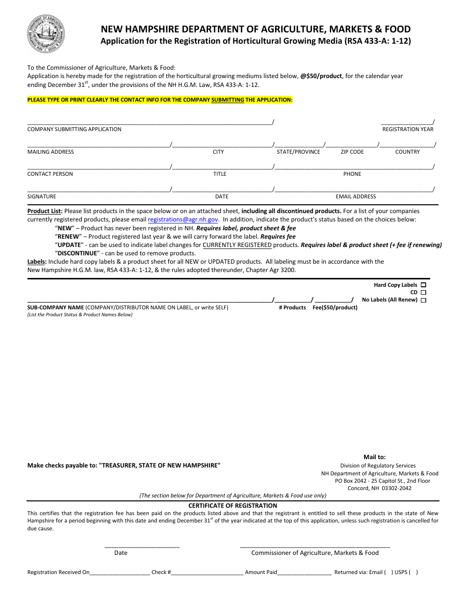 Application for the Registration of Horticultural Growing Media - New Hampshire, Page 1