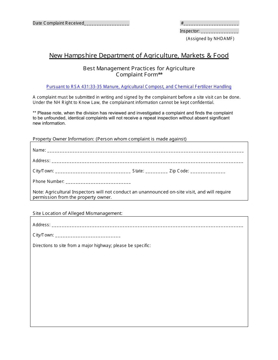Best Management Practices for Agriculture Complaint Form - New Hampshire, Page 1