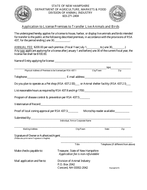 Application to License Premises to Transfer Live Animals and Birds - New Hampshire Download Pdf