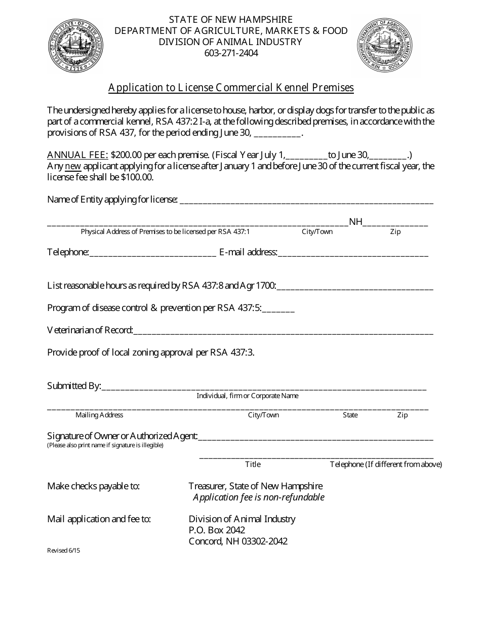 New Hampshire Application to License Commercial Kennel Premises Fill