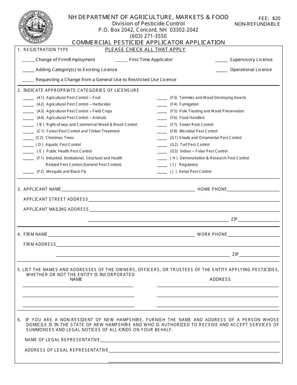 Commercial Pesticide Applicator Application - New Hampshire, Page 1