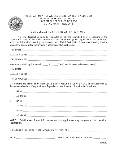 Commercial-For-Hire Registration Form - New Hampshire Download Pdf
