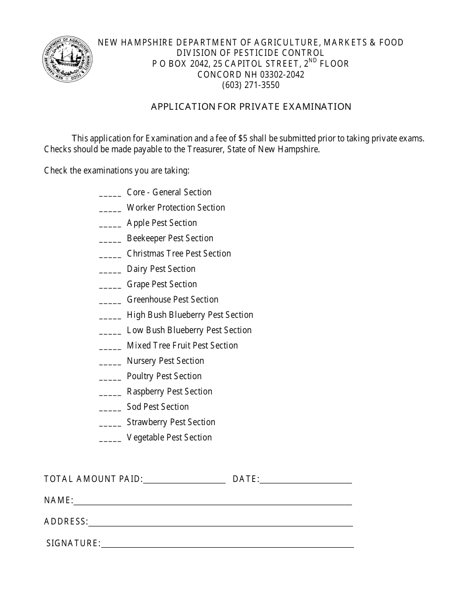 Application for Private Examination - New Hampshire, Page 1
