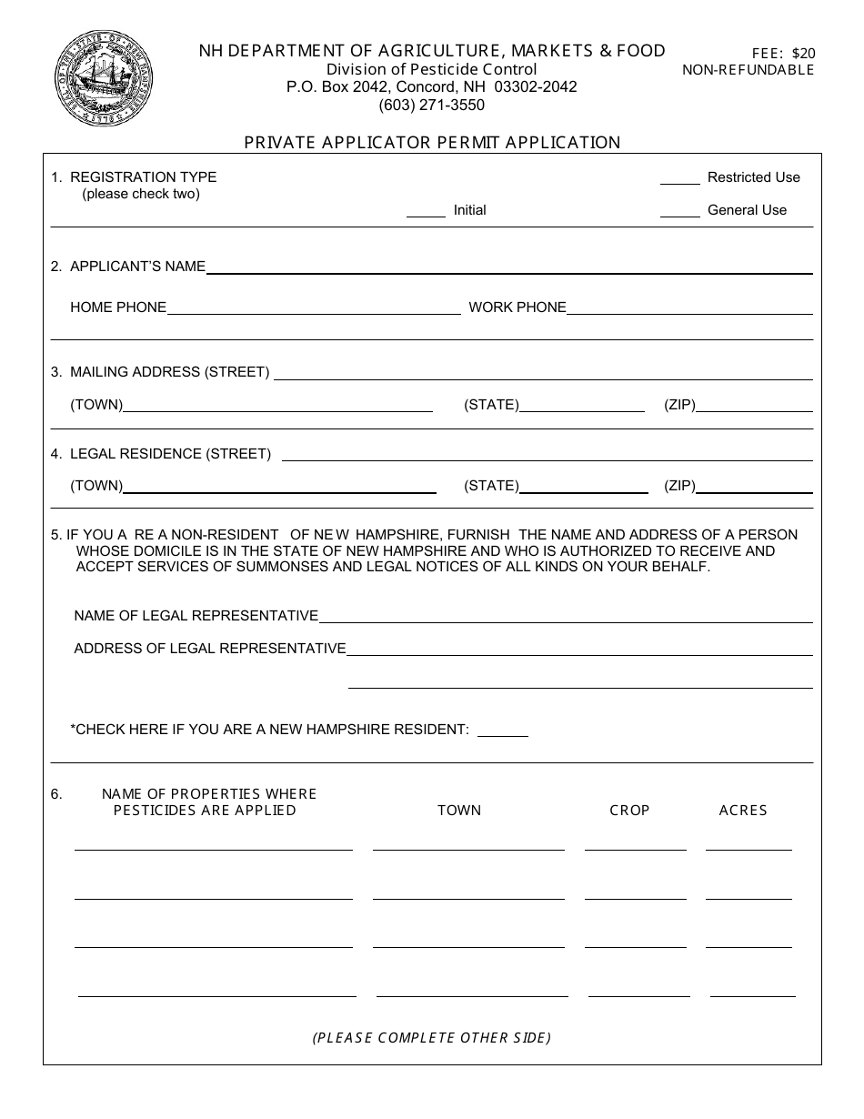 Private Applicator Permit Application - New Hampshire, Page 1