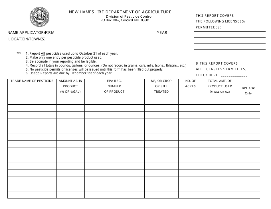 Yearly Use Pesticide Reporting Form - New Hampshire, Page 1