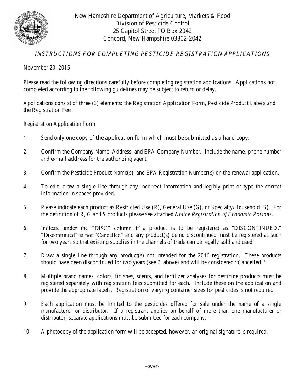 Instructions for Application for Registration of Economic Poisons - New Hampshire, Page 1