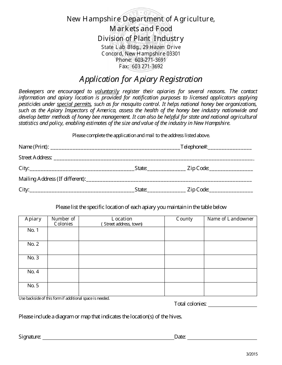 Application for Apiary Registration - New Hampshire, Page 1