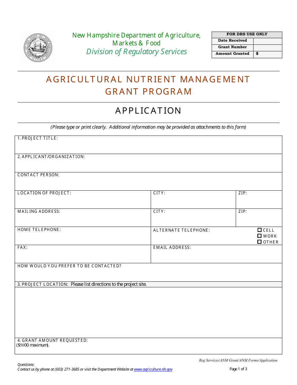 Agricultural Nutrient Management Grant Program Application Form - New Hampshire, Page 1
