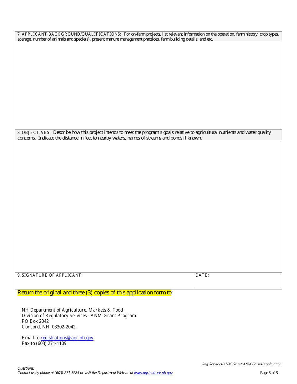 Agricultural Nutrient Management Grant Program Application Form - New Hampshire, Page 3