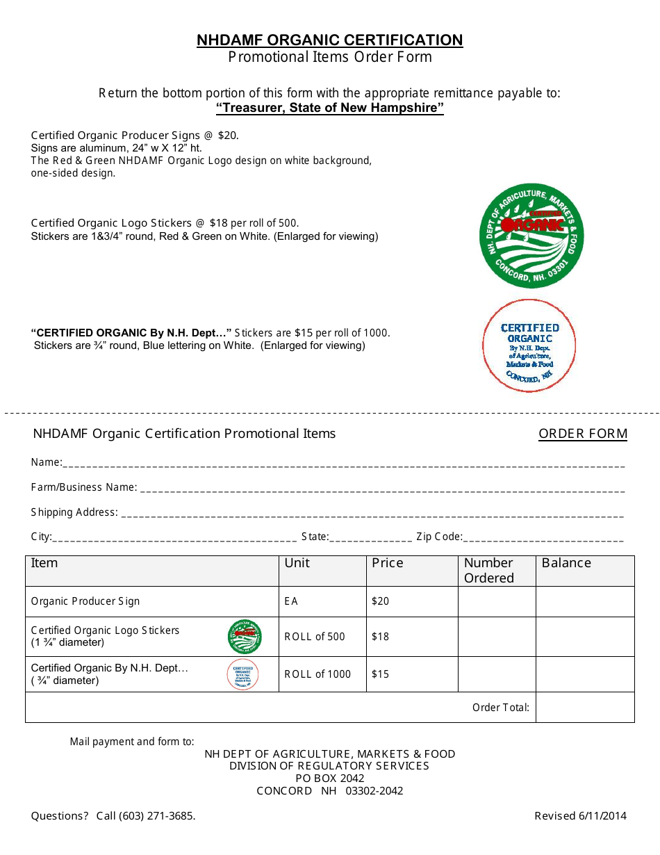 Nhdamf Organic Certification Promotional Items Order Form - New Hampshire, Page 1