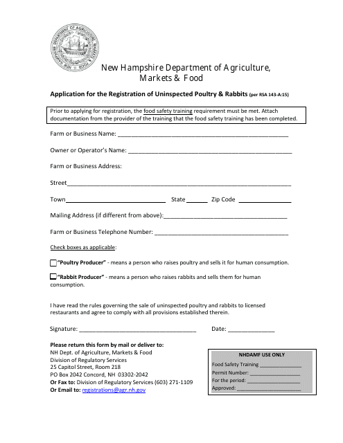 Application for the Registration of Uninspected Poultry & Rabbits - New Hampshire Download Pdf