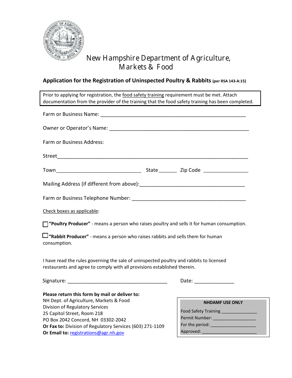 Application for the Registration of Uninspected Poultry  Rabbits - New Hampshire, Page 1