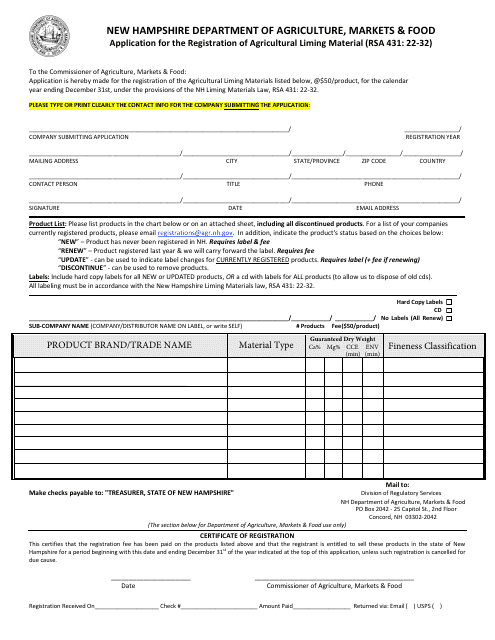 Application for the Registration of Agricultural Liming Material - New Hampshire Download Pdf