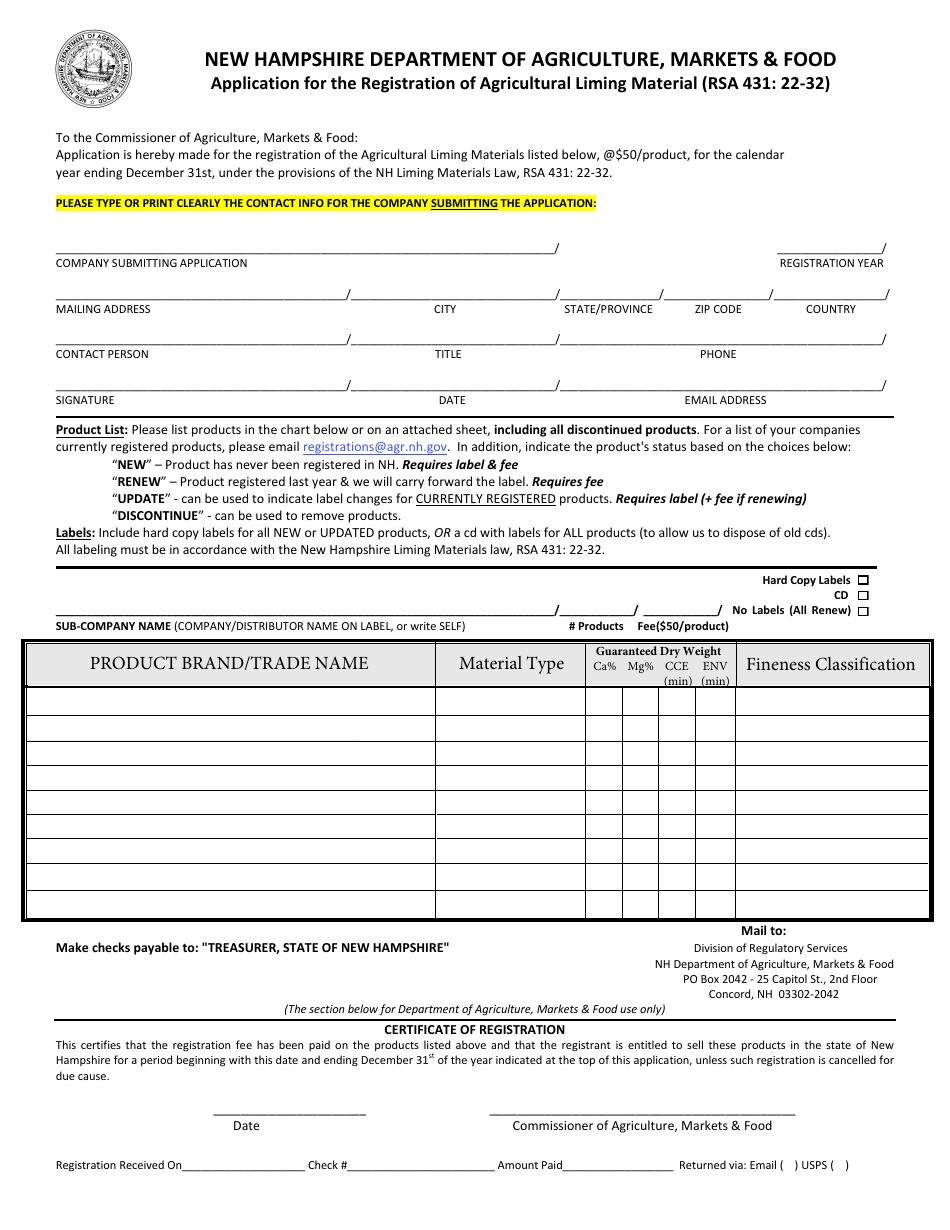 Application for the Registration of Agricultural Liming Material - New Hampshire, Page 1