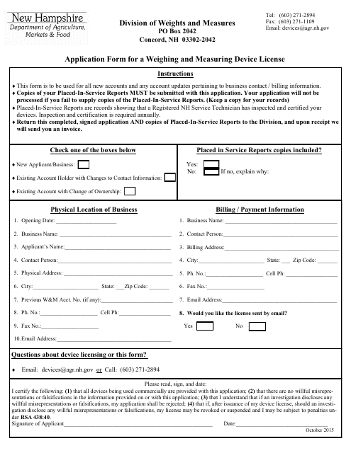 Application Form for a Weighing and Measuring Device License - New Hampshire Download Pdf