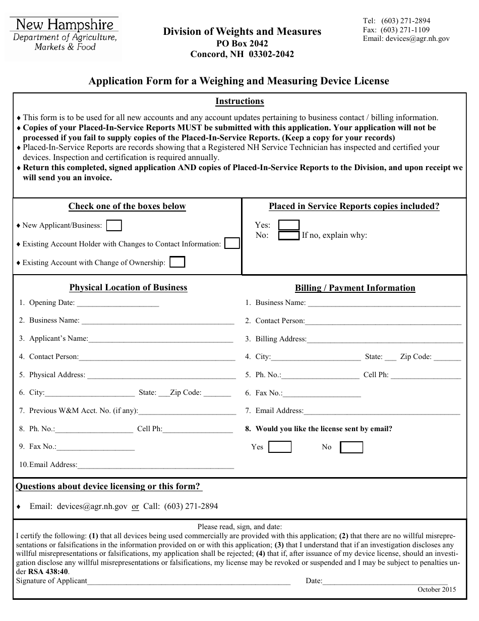 Application Form for a Weighing and Measuring Device License - New Hampshire, Page 1