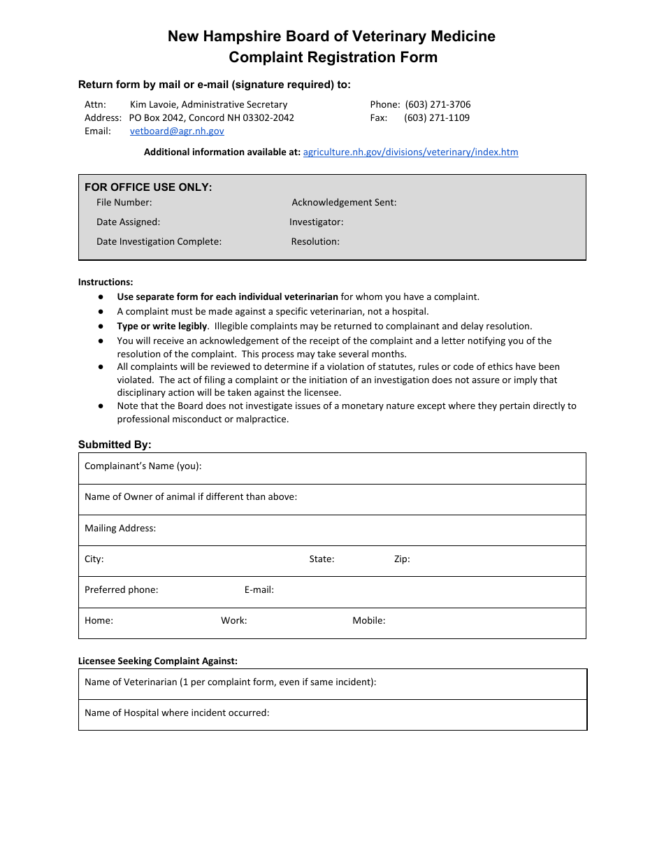 New Hampshire Board of Veterinary Medicine Complaint Registration Form - New Hampshire, Page 1
