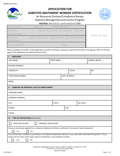 Form NHDES-A-01-011 Application for Asbestos Abatement Worker Certification - New Hampshire