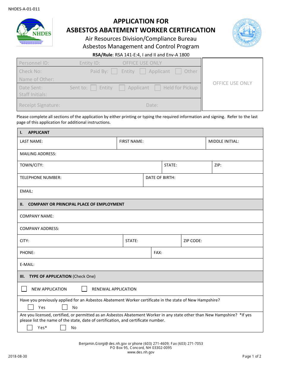 Form NHDES-A-01-011 Application for Asbestos Abatement Worker Certification - New Hampshire, Page 1