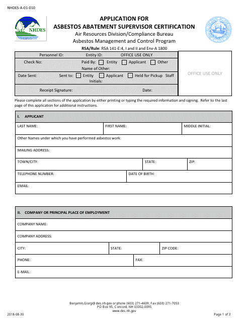 Form NHDES-A-01-010 Application for Asbestos Abatement Supervisor Certification - New Hampshire