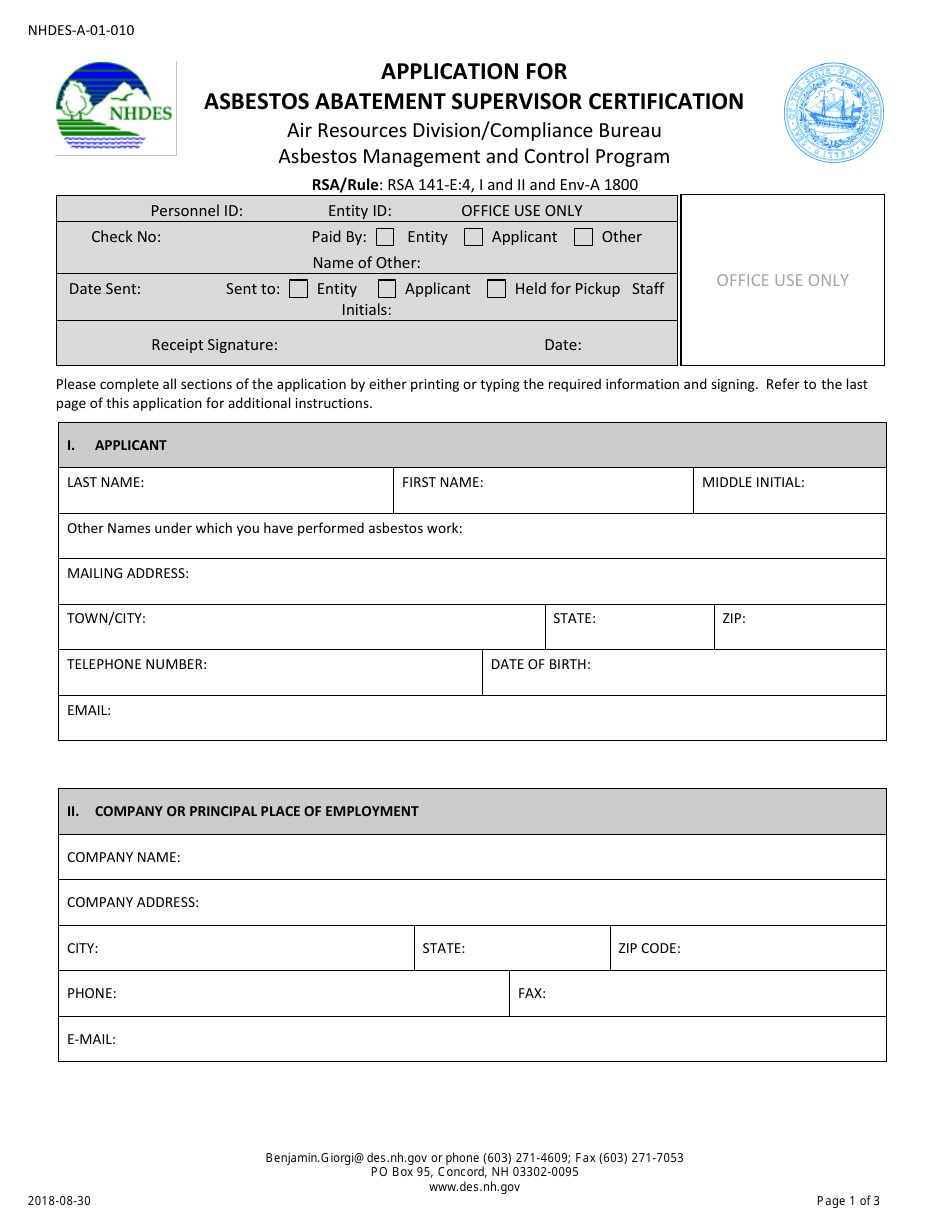 Form NHDES-A-01-010 Application for Asbestos Abatement Supervisor Certification - New Hampshire, Page 1