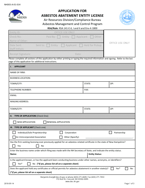 Form NHDES-A-01-014 Application for Asbestos Abatement Entity License - New Hampshire