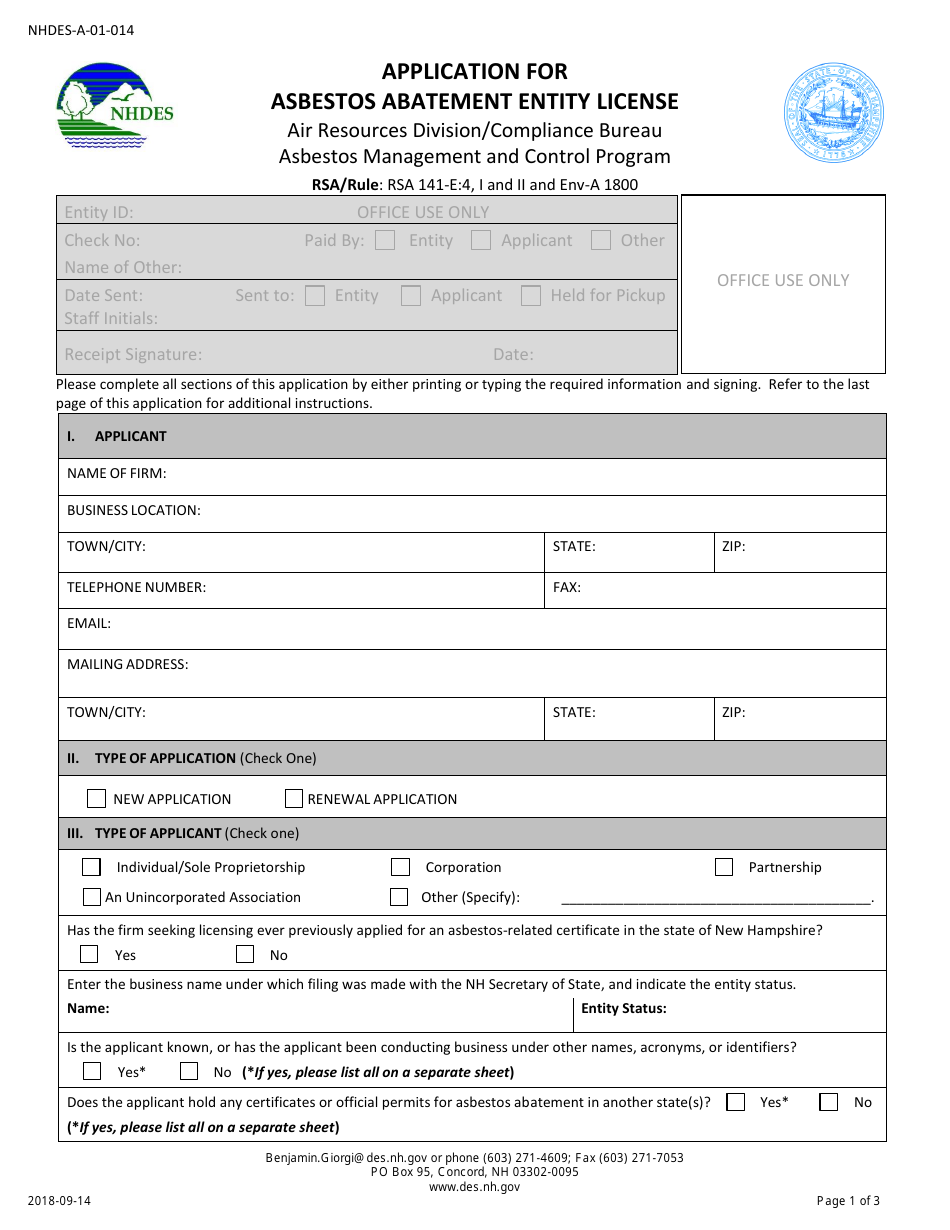 Form NHDES-A-01-014 Application for Asbestos Abatement Entity License - New Hampshire, Page 1