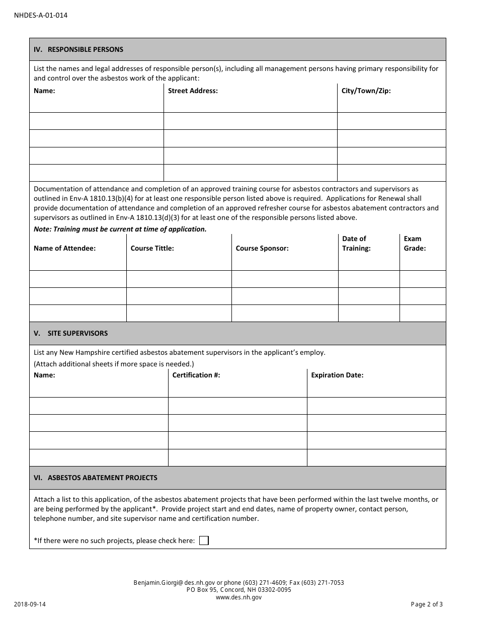 Form NHDES-A-01-014 Application for Asbestos Abatement Entity License - New Hampshire, Page 2