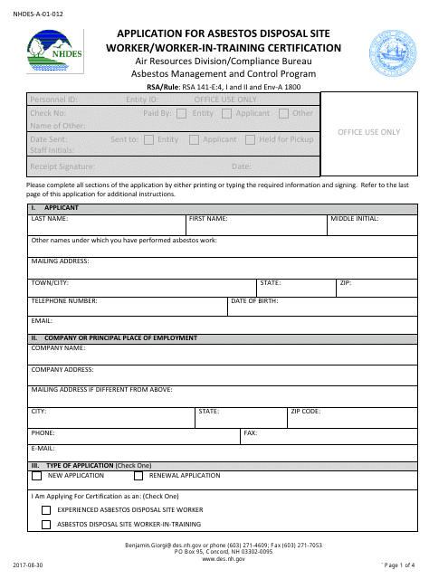 Form NHDES-A-01-012 Application for Asbestos Disposal Site Worker/Worker-In-training Certification - New Hampshire