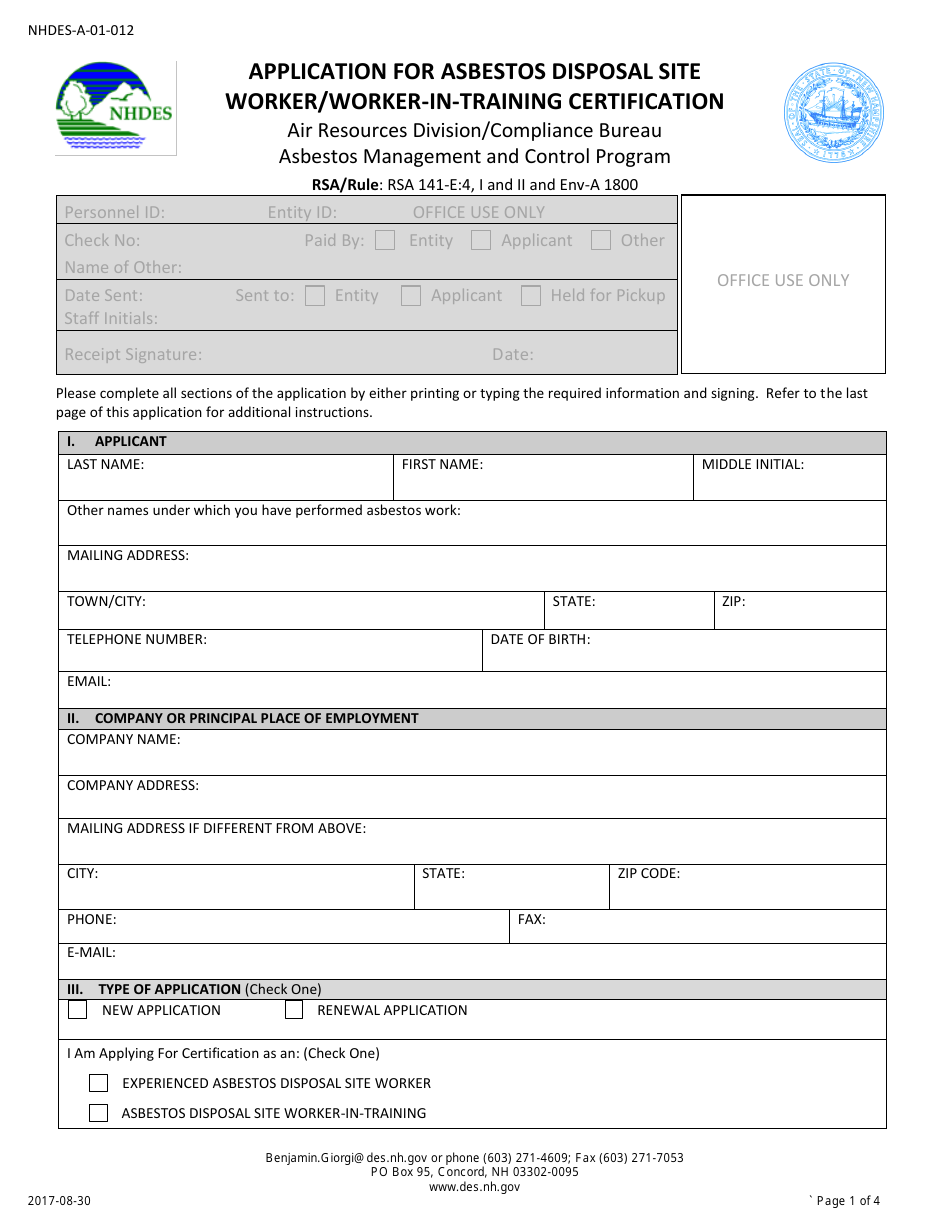 Form NHDES-A-01-012 Application for Asbestos Disposal Site Worker / Worker-In-training Certification - New Hampshire, Page 1