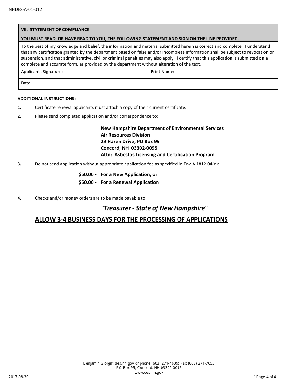 Form NHDES-A-01-012 Application for Asbestos Disposal Site Worker / Worker-In-training Certification - New Hampshire, Page 4