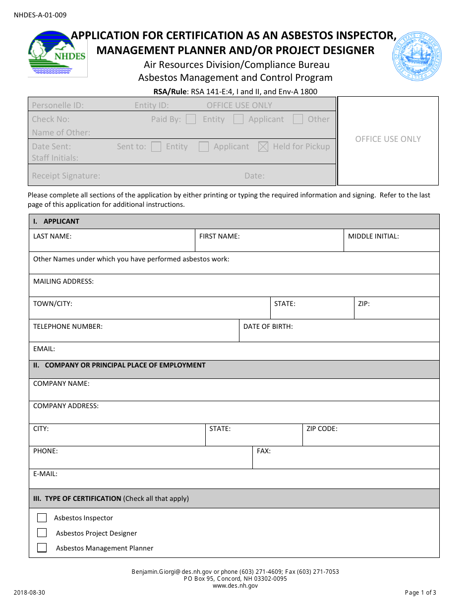 Form NHDES-A-01-009 Application for Certification as an Asbestos Inspector, Management Planner and / or Project Designer - New Hampshire, Page 1