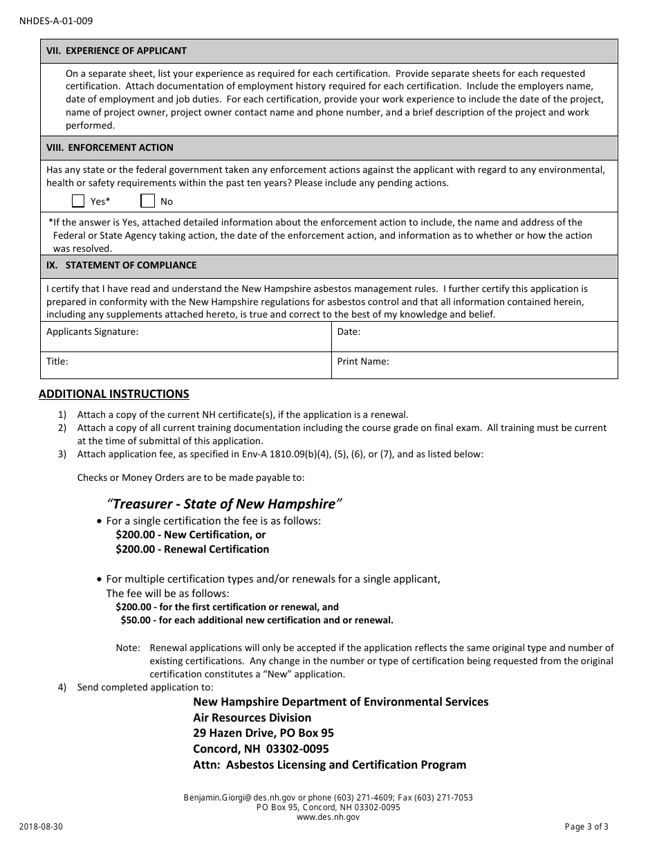 Form NHDES-A-01-009 Application for Certification as an Asbestos Inspector, Management Planner and / or Project Designer - New Hampshire, Page 3