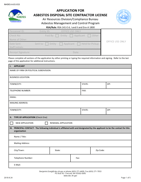Form NHDES-A-01-015 Application for Asbestos Disposal Site Contractor License - New Hampshire