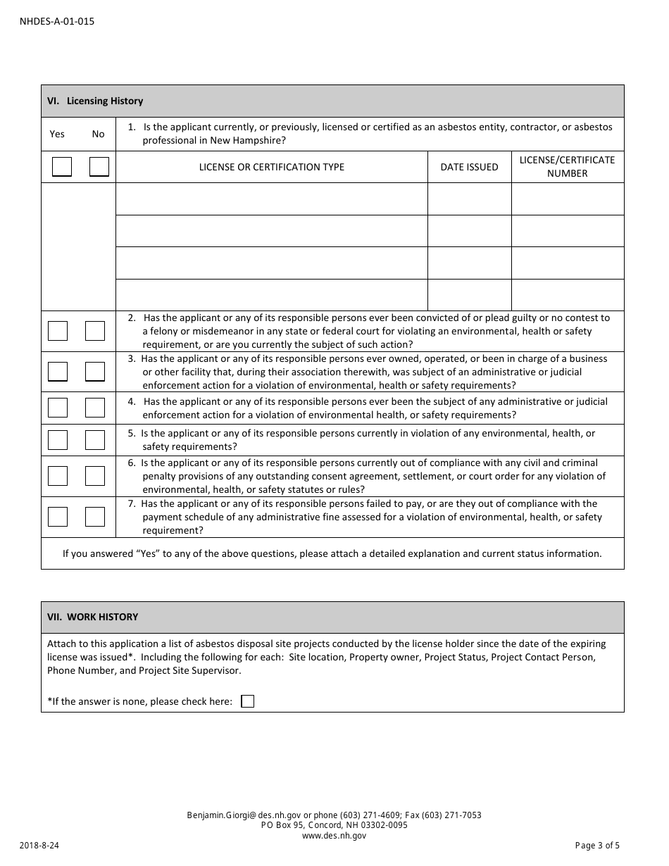 Form NHDES-A-01-015 Application for Asbestos Disposal Site Contractor License - New Hampshire, Page 3