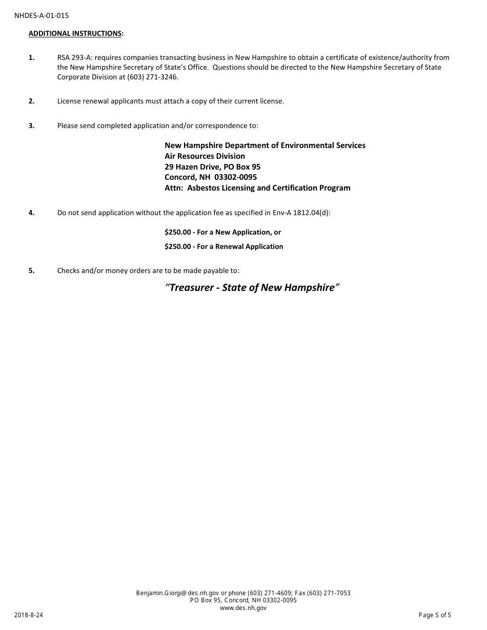 Form NHDES-A-01-015 Application for Asbestos Disposal Site Contractor License - New Hampshire, Page 5