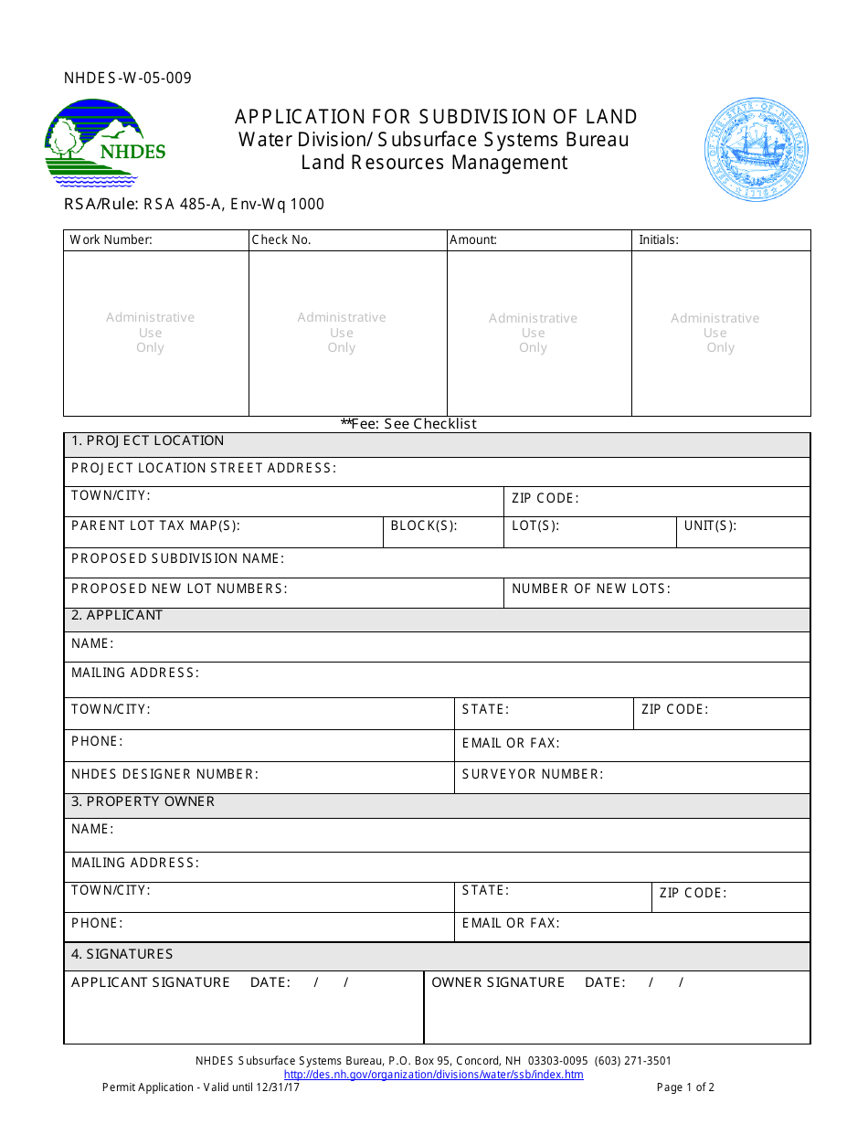 Form NHDES-W-05-009 Application for Subdivision of Land - New Hampshire, Page 1