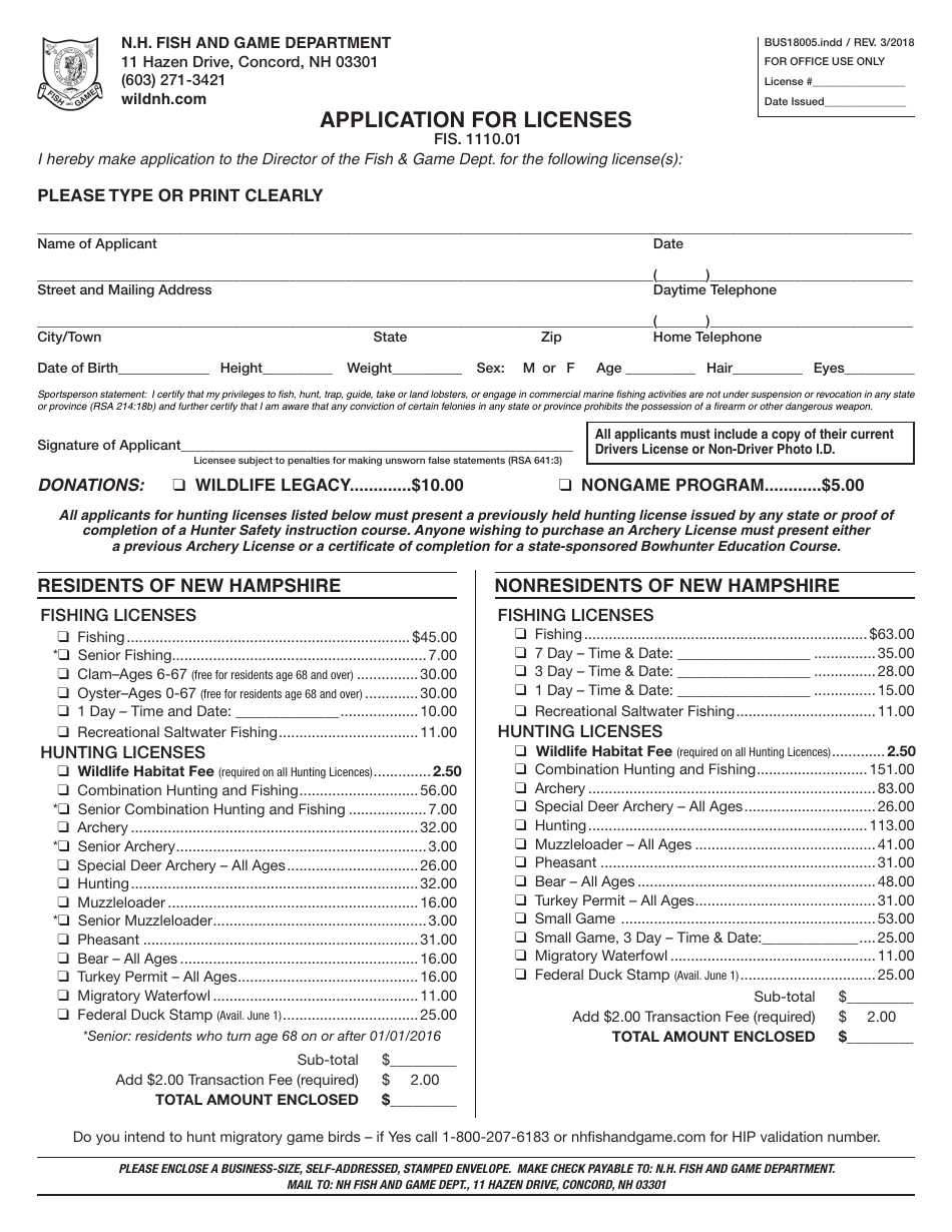 Form BUS18005 Hunting or Fishing License Application - New Hampshire, Page 1