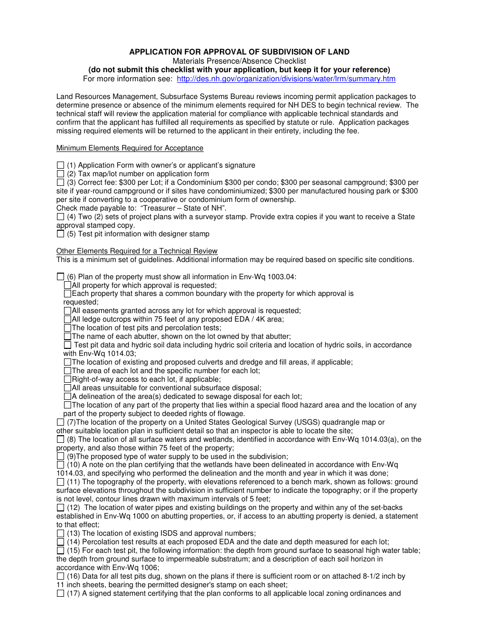 Materials Presence / Absence Checklist - New Hampshire, Page 1
