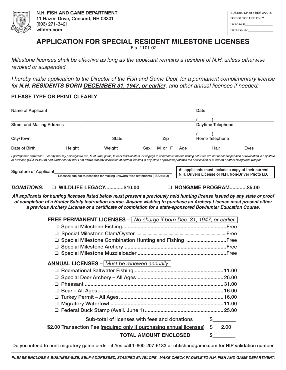 Application for Special Resident Milestone Licenses - New Hampshire, Page 1