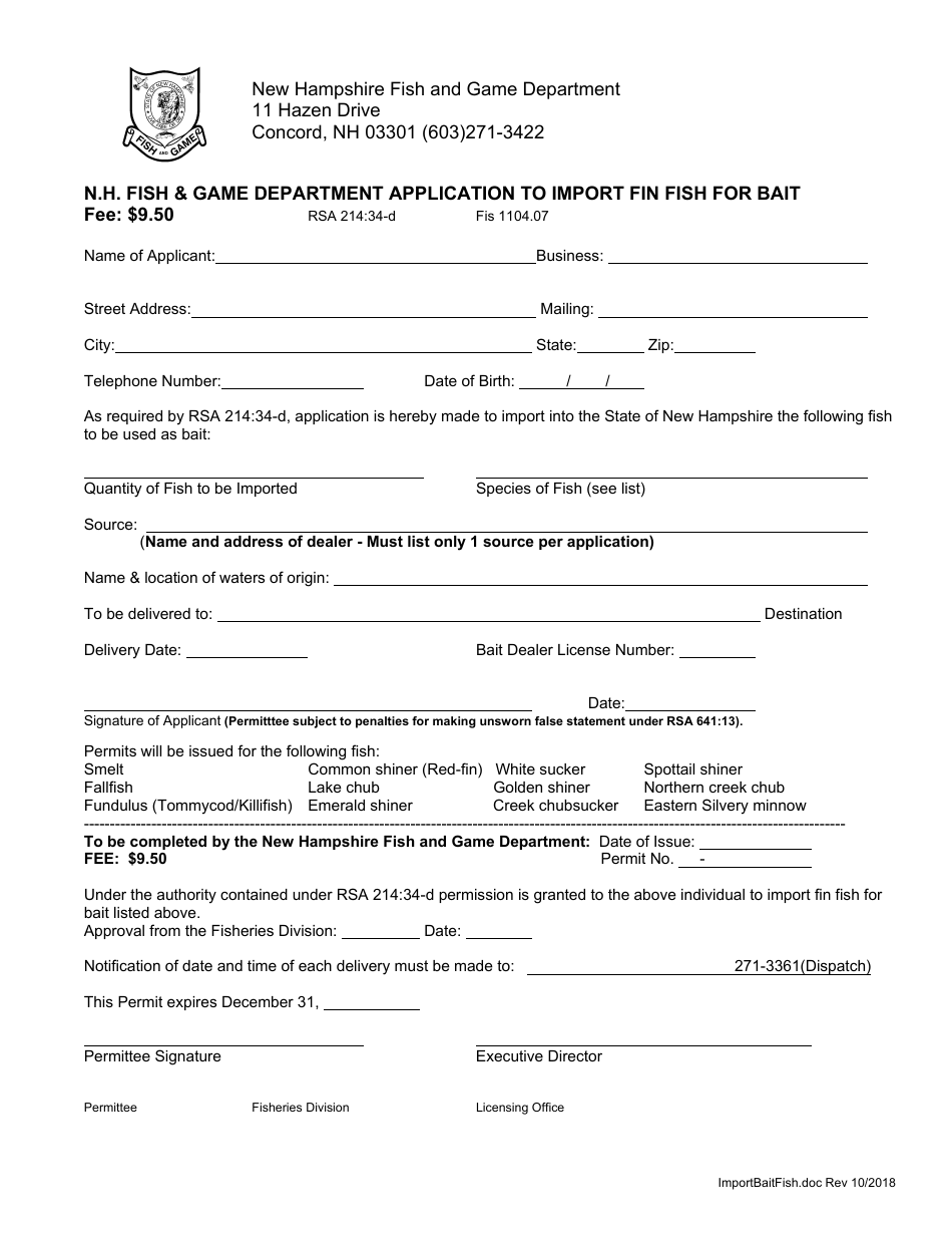 Application to Import Fin Fish for Bait - New Hampshire, Page 1