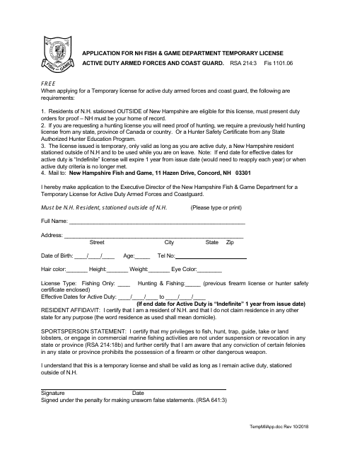 Application for Nh Fish & Game Department Temporary License Active Duty Armed Forces and Coast Guard - New Hampshire
